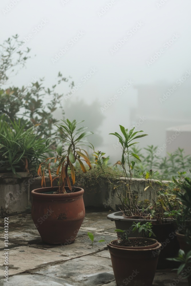 Fototapeta premium Urban Rooftop Garden Amidst Smog Highlighting Challenges of Polluted City Green Spaces