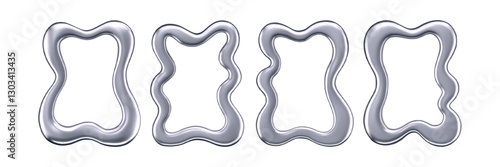3d chrome wavy frames isolated on a dark background. Render of rectangular silver scallop border in trendy y2k style for modern posters, photos, banners or interior. Chrome squiggle mirror. 3d vector