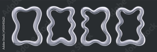 3d chrome wavy frames isolated on a dark background. Render of rectangular silver scallop border in trendy y2k style for modern posters, photos, banners or interior. Chrome squiggle mirror. 3d vector