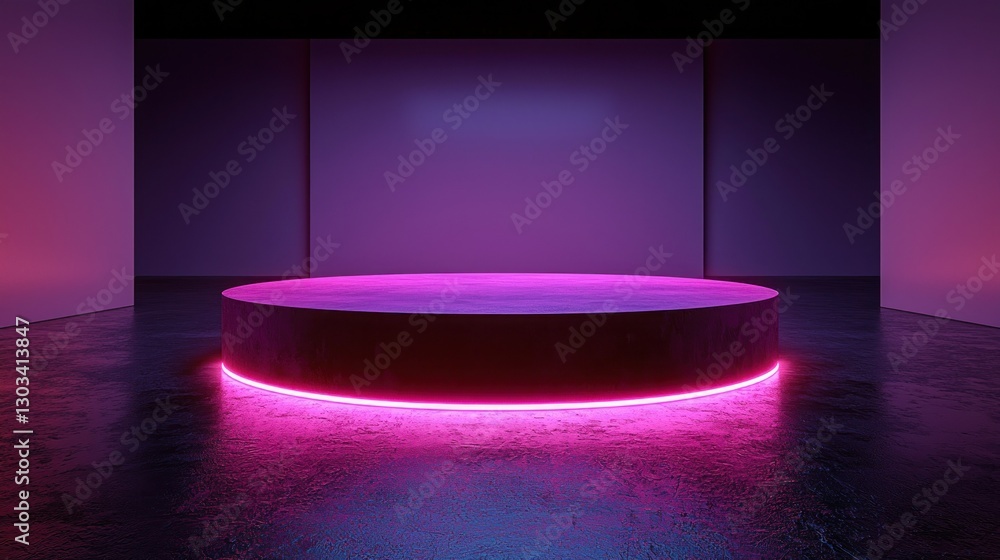 Empty round podium with neon lighting in modern studio Empty round podium with neon lighting in modern studio