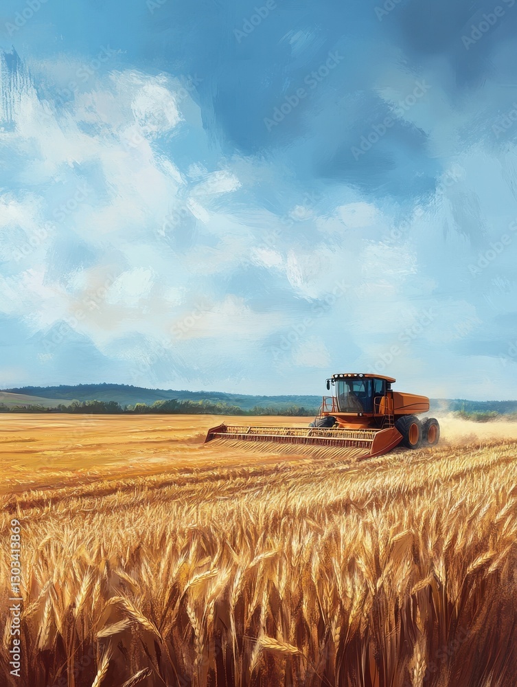 Obraz premium Combine harvester harvesting wheat on a wheat field on sunny summer day.