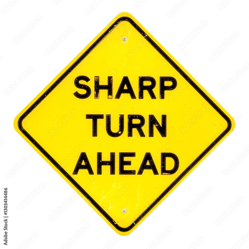 Warning yellow diamond road sign Sharp Turn Ahead isolated on white Safety and caution concept for drivers Warning yellow diamond road sign Sharp Turn Ahead isolated on white Safety and caution concept for drivers