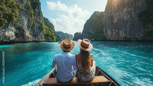 couple enjoying a honeymoon boat tour around thailand islands surrounded by picturesque scenery turquoise waters and exotic paradise creating unforgettable travel memories