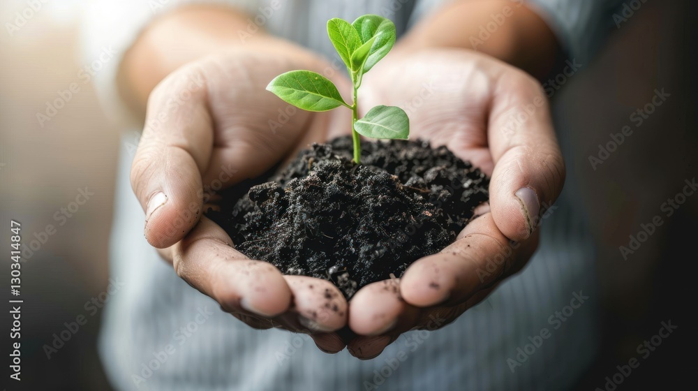 Nurturing New Life: Hands Holding a Young Sprout Emerging from Rich Soil Nurturing New Life: Hands Holding a Young Sprout Emerging from Rich Soil
