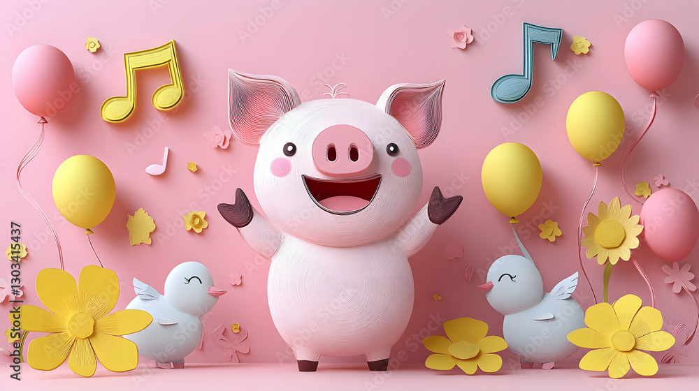 Cute cartoon pig, balloons, flowers, music notes, happy, cheerful, spring, children's decor Cute cartoon pig, balloons, flowers, music notes, happy, cheerful, spring, children's decor