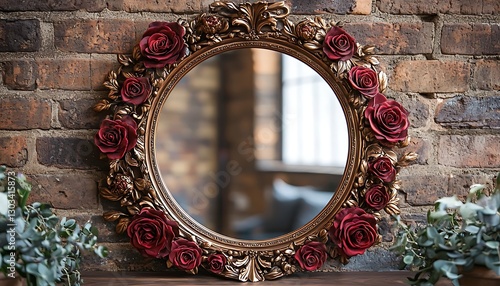 Ornate Rose Mirror on Brick Wall