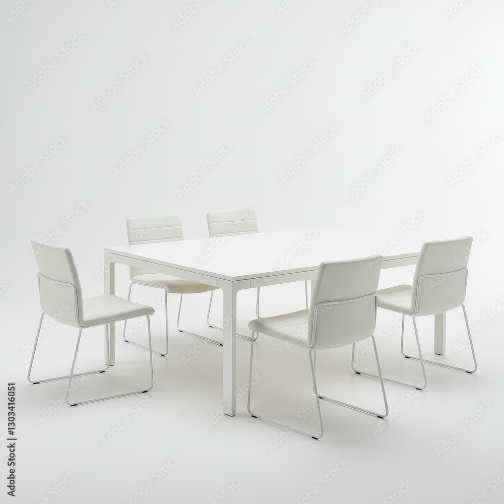 White Table and Chairs Set for Modern Dining Room - A minimalist white table and six chairs create a clean, modern aesthetic. Symbols of simplicity, elegance, functionality, contemporary design White Table and Chairs Set for Modern Dining Room - A minimalist white table and six chairs create a clean, modern aesthetic. Symbols of simplicity, elegance, functionality, contemporary design