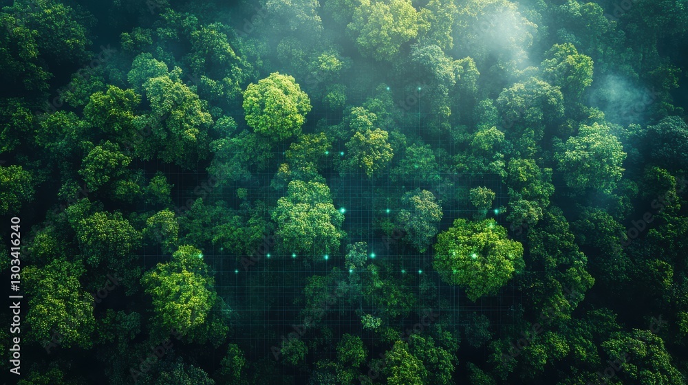 Fototapeta premium Aerial View of Lush Forest Canopy with a Subtle Grid Overlay Connecting Ecosystem Data