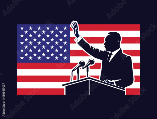 Silhouette of a man in a suit gesturing in front of an American flag backdrop during a patriotic event. A man in a suit stands with arms outstretched before a large American flag,
