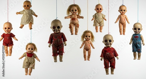 A Collection of Old Scary Dolls Hanging - Whimsical, spooky, creepy, playful, eerie collection of old dolls hanging from strings against a white background. Symbolizing childhood, fear, nostalgia
