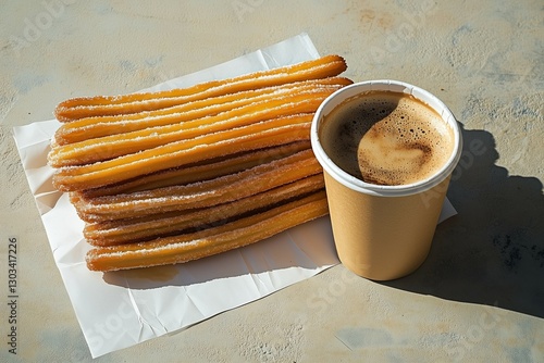A stack of long churros on paper with a paper cup with coffee beside it. outdoors