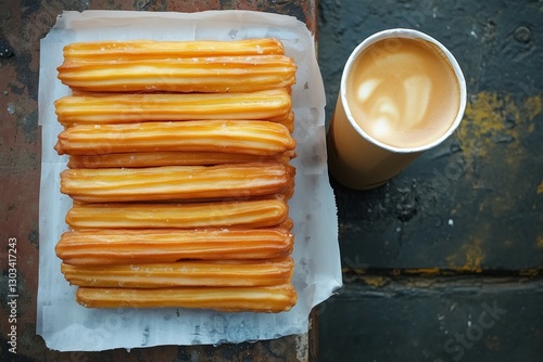 A stack of long churros on paper with a paper cup with coffee beside it. outdoors
