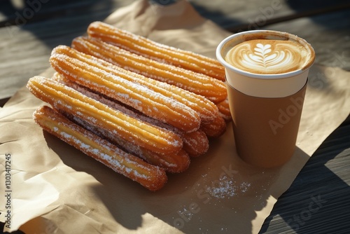 A stack of long churros on paper with a paper cup with coffee beside it. outdoors