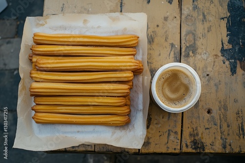 A stack of long churros on paper with a paper cup with coffee beside it. outdoors