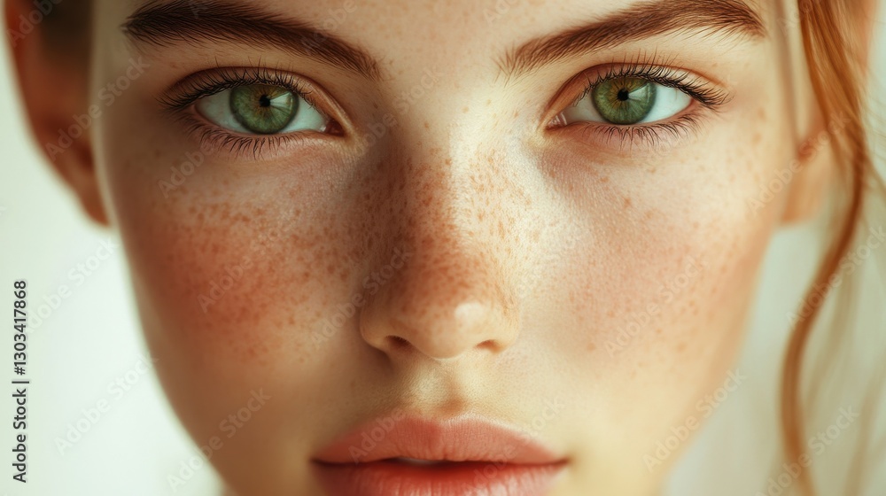 Fototapeta premium Youth and skin care concept. Highly-detailed close up portrait of pretty teenage girl with perfect clean freckled skin and green eyes looking at the camera with calm face expression, with lips parted