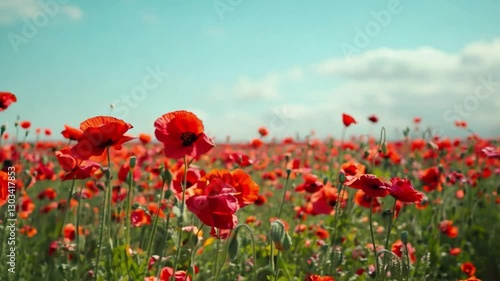 Beautiful spring meadow covered in vibrant red poppies. The gentle breeze softly moves the flowers under a clear blue sky, with warm sunlight creating a peaceful and idyll