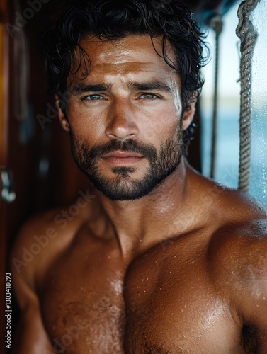 Wet muscle man posing on a boat with rope photo