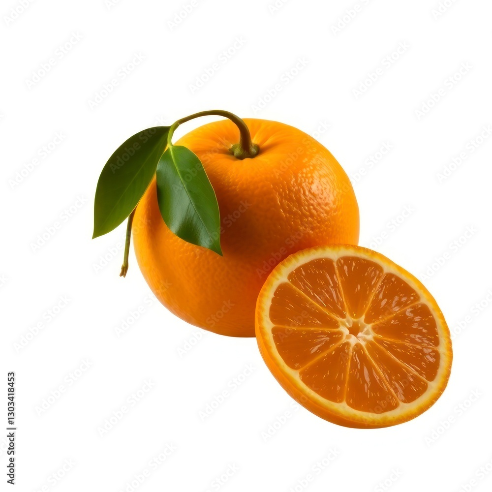 A ripe orange, leaf, and a slice, isolated on a white background with clipping path A ripe orange, leaf, and a slice, isolated on a white background with clipping path