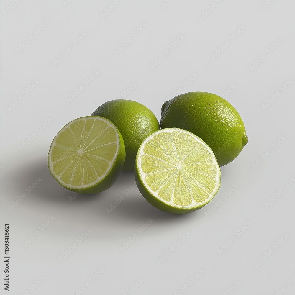 Fresh Limes Display Featuring Whole and Sliced Citrus Fruits on a Light Backdrop Surface Composition Fresh Limes Display Featuring Whole and Sliced Citrus Fruits on a Light Backdrop Surface Composition