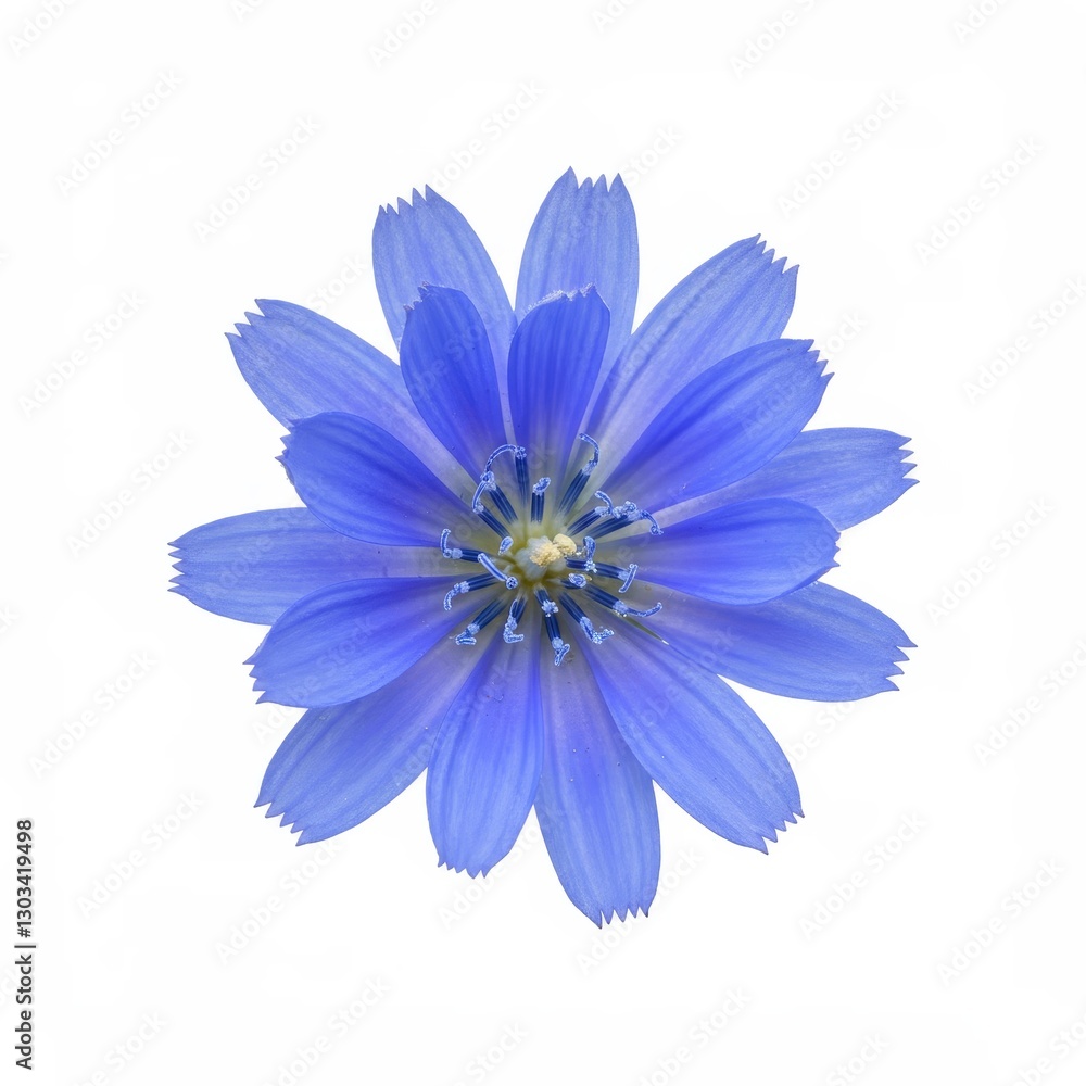 Fototapeta premium Blue Chicory Flower on White Background - A single blue chicory flower, isolated on white. Symbolizing purity, serenity, delicacy, resilience, and natural beauty