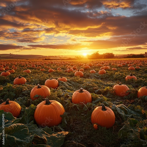 Vibrant Pumpkin Field at Sunset with Dramatic Sky and Warm Colors