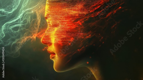 Digital Mind: A captivating image of a woman's profile merged with flowing digital code, visualizing the intersection of human consciousness and artificial intelligence, bathed in an ethereal glow. photo