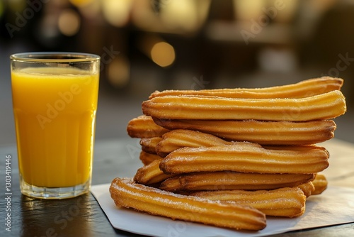 A stack of churros on paper with a glass of orange juice beside it at outdoor market