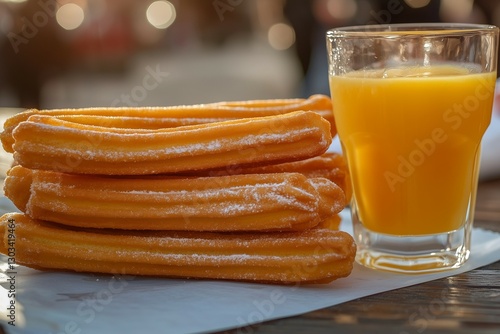 A stack of churros on paper with a glass of orange juice beside it at outdoor market