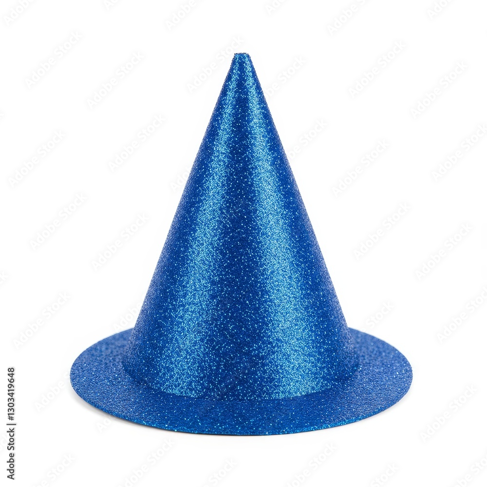 Fototapeta premium Blue Glitter Party Hat on White Background - Festive blue cone-shaped hat, perfect for celebrations, parties, and adding a touch of sparkle. Symbolizes fun, joy, celebration, magic, and whimsy
