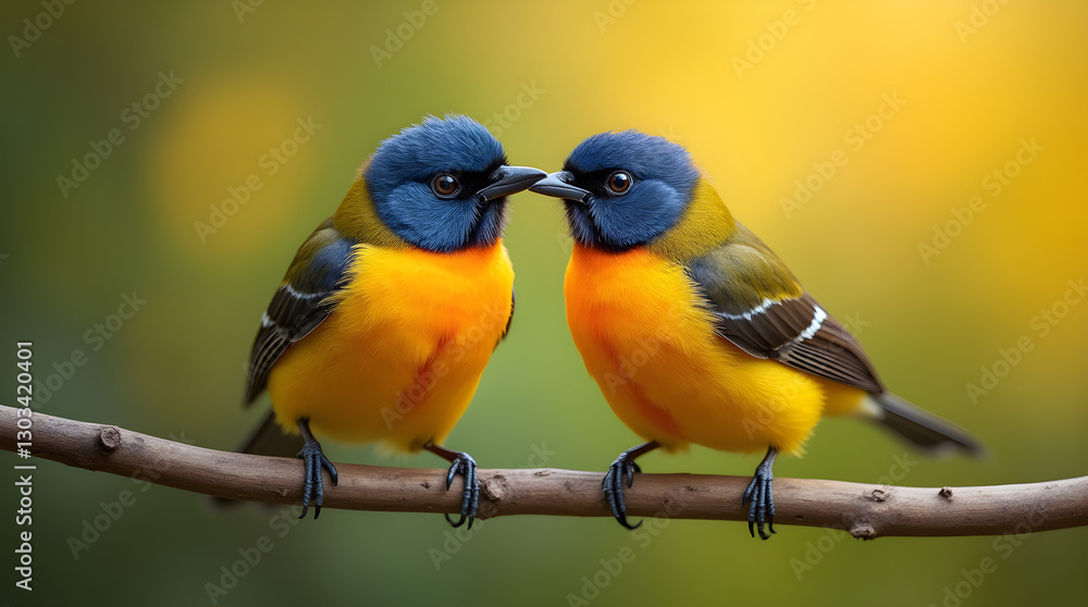 Fototapeta premium Two Stunning Colorful Blue Headed Yellow Orange Birds on Branch - Wildlife Photography