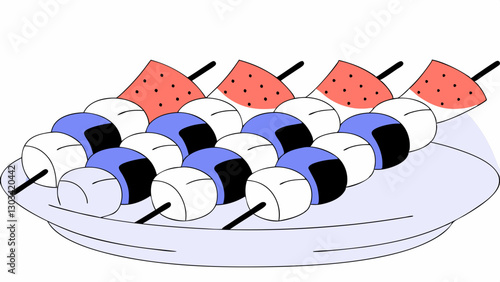 Colorful fruit and marshmallow skewers on a plate, playful food illustration, copy space
