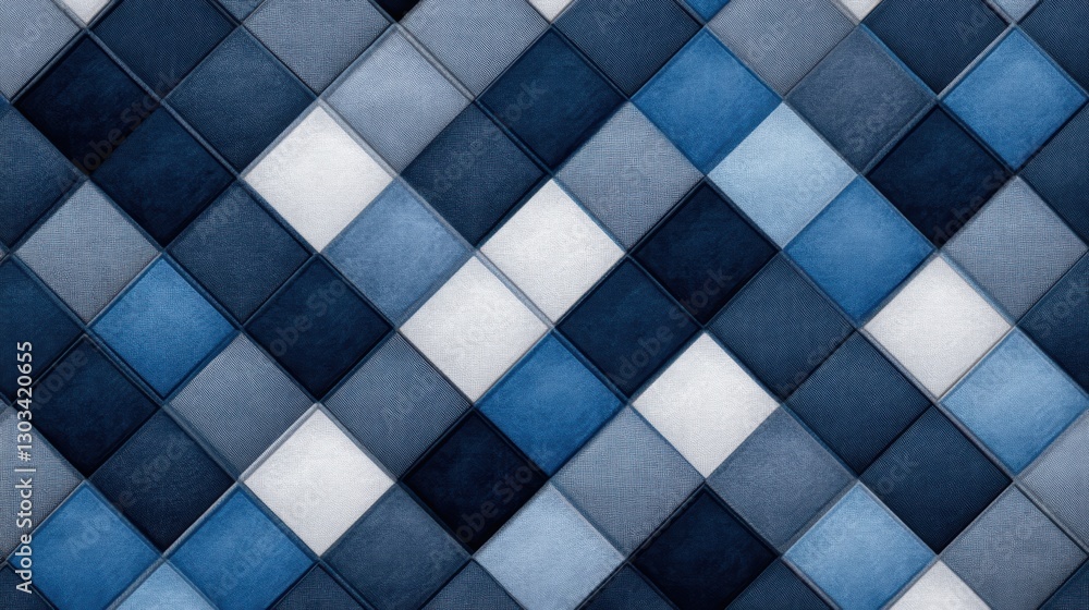 A textured pattern of blue and white diamond-shaped tiles, suitable for backgrounds in interior design, promotional materials, or textile products, The modern color palette adds sophistication, A textured pattern of blue and white diamond-shaped tiles, suitable for backgrounds in interior design, promotional materials, or textile products, The modern color palette adds sophistication,