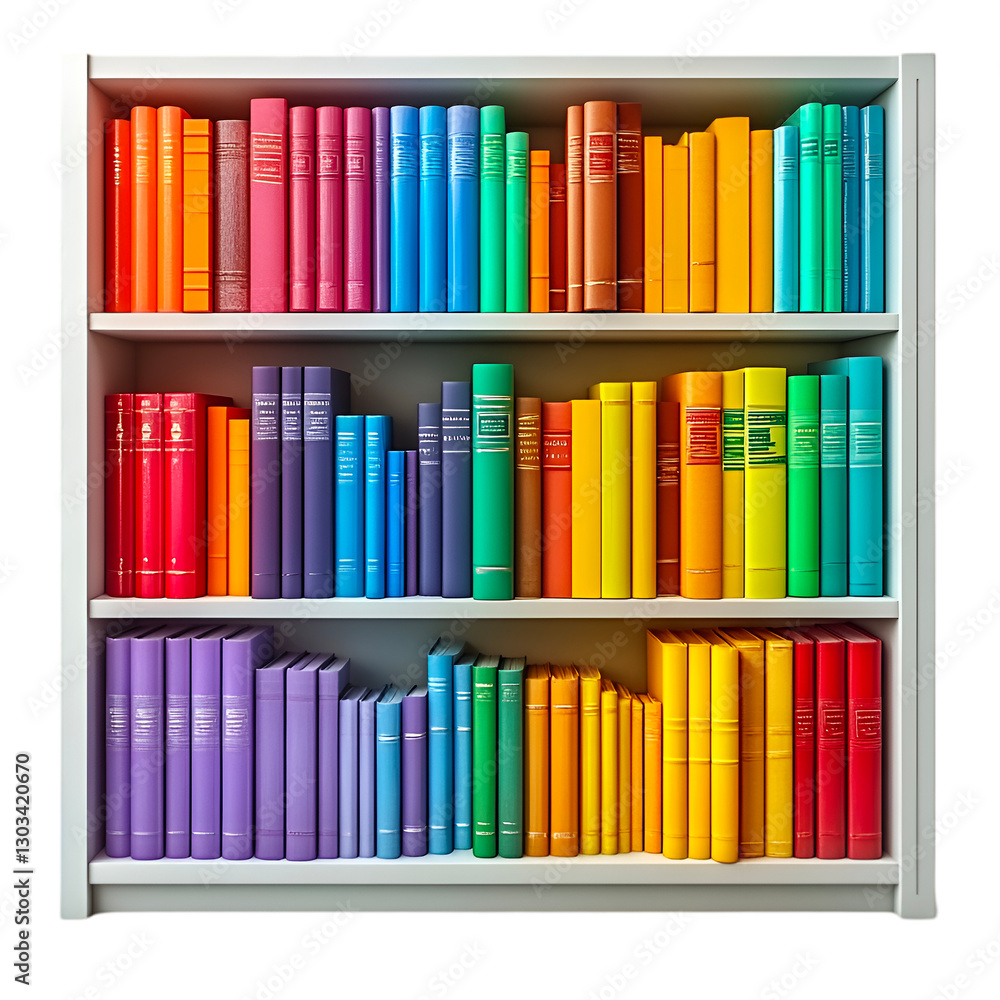 Fototapeta premium Colorful Books on a White Bookshelf Rainbow Library Knowledge Education