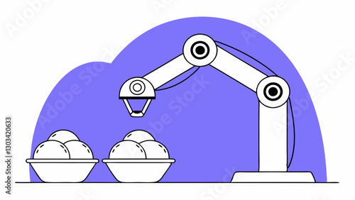 Robot arm serving ice cream scoops in bowls, modern technology illustration, copy space