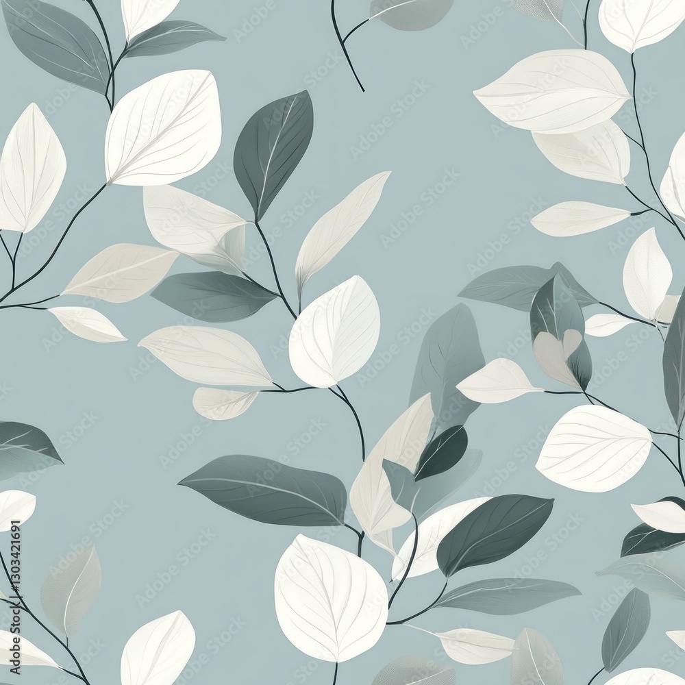 Delicate, light pastel leaves pattern on a light teal background Delicate, light pastel leaves pattern on a light teal background