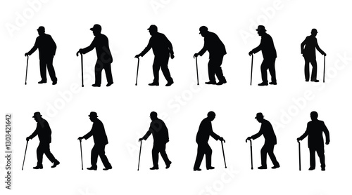 Elderly Man Silhouettes with Walking Cane - Vector Set