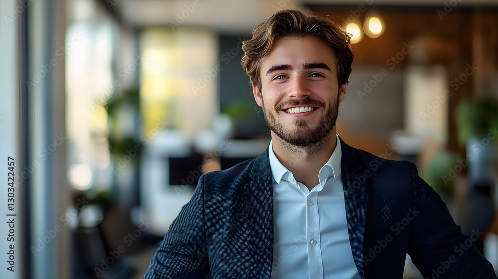 Young man smiling in office. Young man smiling in office.