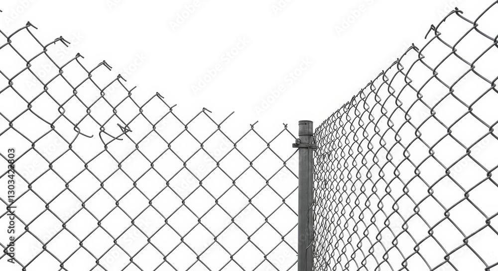 Damaged Chain Link Fence on White Background - A damaged chain link fence, symbolizing vulnerability, breach, insecurity, fragility, and the need for repair. The is simple, yet conveys strong emotions Damaged Chain Link Fence on White Background - A damaged chain link fence, symbolizing vulnerability, breach, insecurity, fragility, and the need for repair. The is simple, yet conveys strong emotions
