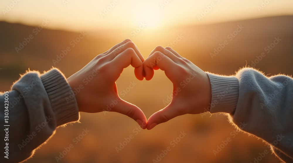 Romantic Golden Hour Sunset Hands Forming Heart Love Nature Outdoors Romantic Golden Hour Sunset Hands Forming Heart Love Nature Outdoors