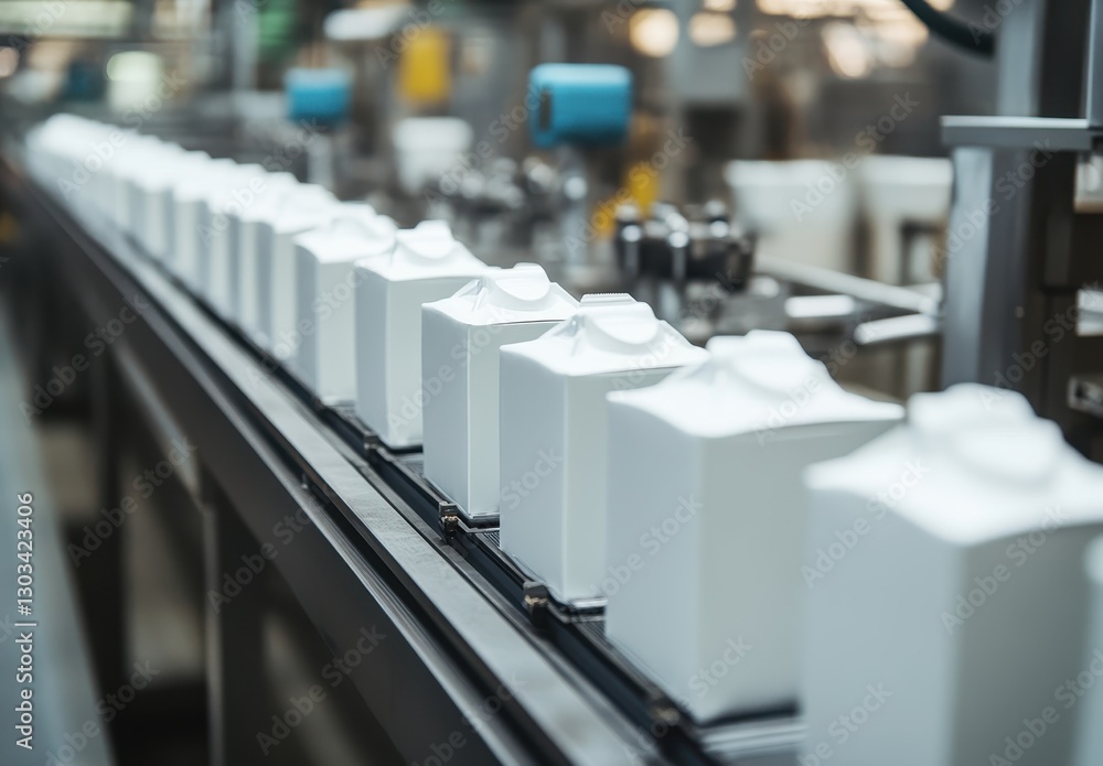 Close-Up View of Automated Assembly Line with White Milk Cartons in Modern Factory Setting Close-Up View of Automated Assembly Line with White Milk Cartons in Modern Factory Setting