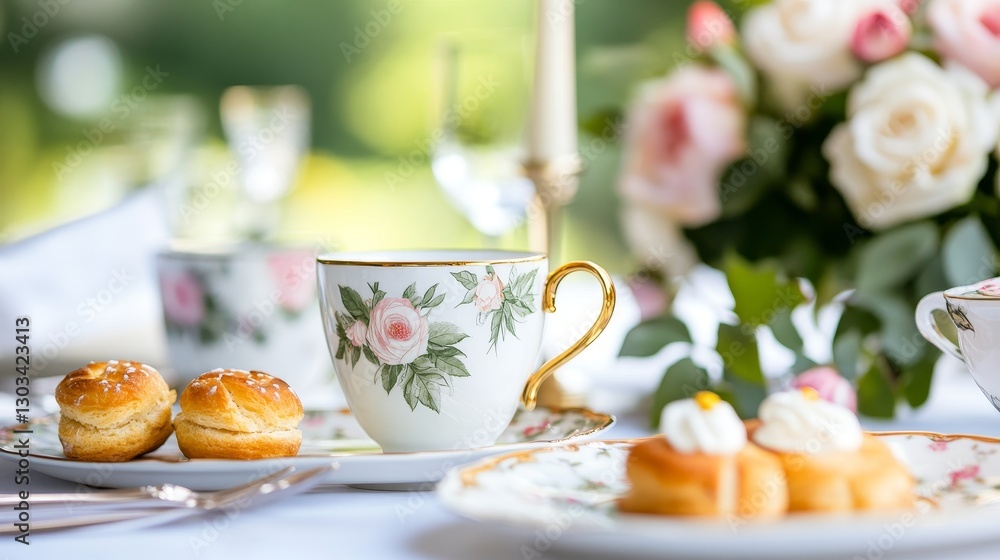 Elegant afternoon tea setting with floral teacup, pastries, and a romantic rose bouquet in background Elegant afternoon tea setting with floral teacup, pastries, and a romantic rose bouquet in background