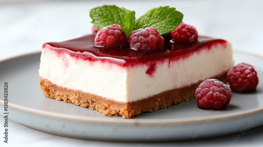 Delicate raspberry cheesecake features creamy texture, crunchy crust, and glossy coulis garnished with fresh berries and mint Delicate raspberry cheesecake features creamy texture, crunchy crust, and glossy coulis garnished with fresh berries and mint