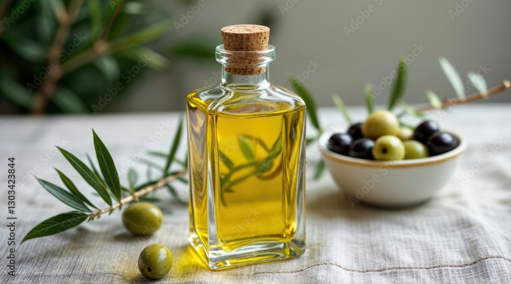 Still life with olive oil bottle, fresh green and black olives in small white bowl, neutral linen backdrop, soft bokeh effect, warm and natural tones, elegant food styling
Still life with olive oil bottle, fresh green and black olives in small white bowl, neutral linen backdrop, soft bokeh effect, warm and natural tones, elegant food styling
