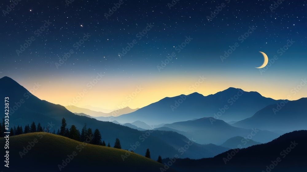 A serene landscape featuring mountains under a starry night sky with a crescent moon, This image is perfect for use in travel brochures, relaxation themes, or nature-related projects, A serene landscape featuring mountains under a starry night sky with a crescent moon, This image is perfect for use in travel brochures, relaxation themes, or nature-related projects,