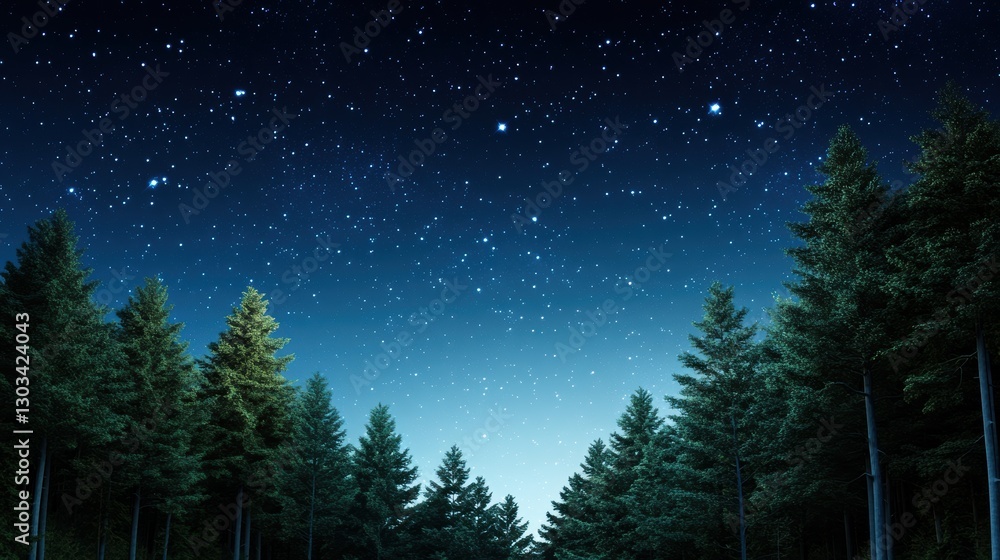 Fototapeta premium A serene night sky filled with bright stars above a tranquil forest, Ideal for nature-themed projects, astronomy content, or relaxation themes in marketing materials,