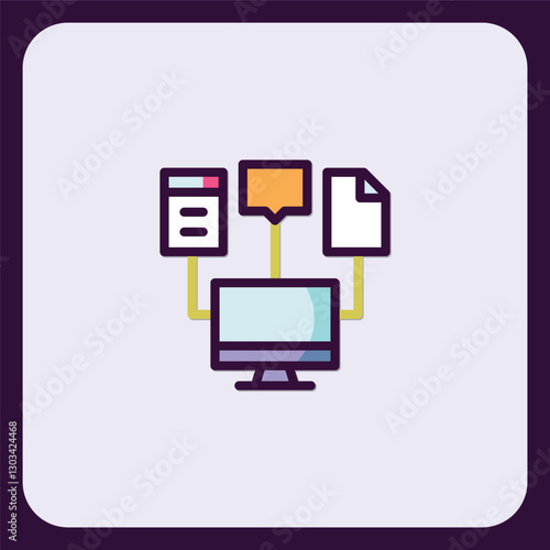 Colorful networking icon illustration featuring data exchange and desktop