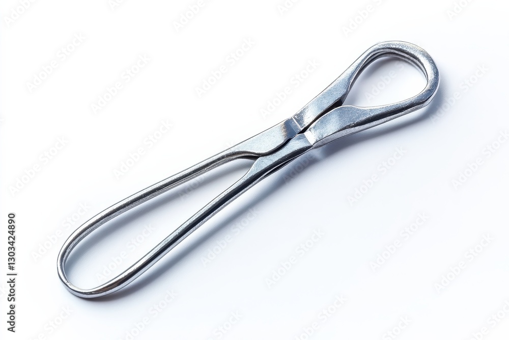 Elegant stainless steel clip resting on a white background, showcasing unique design features isolated on transparent background Elegant stainless steel clip resting on a white background, showcasing unique design features isolated on transparent background