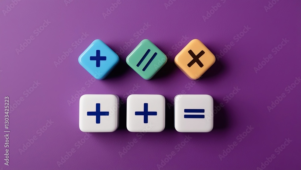 Three-dimensional calculator buttons with an icon for plus, minus, multiply, and equal set against a purple background Three-dimensional calculator buttons with an icon for plus, minus, multiply, and equal set against a purple background