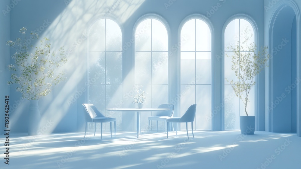 Sunlit, pastel blue dining room with arched windows Sunlit, pastel blue dining room with arched windows