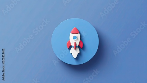 3D symbol of a space rocket in flight. An solitary blue background with a tiny toy rocket launch icon. Financial growth, space business, successful startup, fresh idea, new concept, and new innovation